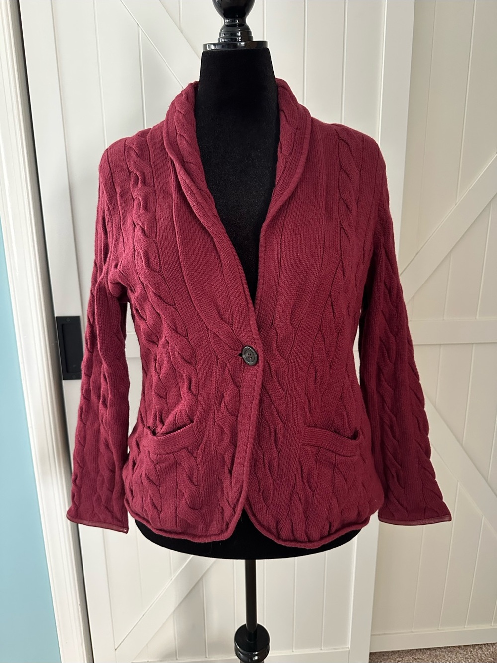 Talbots Petite XLP Burgundy Cable Knit Sweater Wool Blend Blazer Cardigan Petite